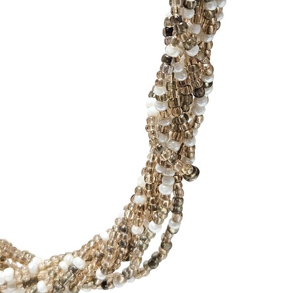 Elegant Gold White Seed Beaded Chunky Necklace Multi Strand Fashion Jewelry - Picture 2 of 6